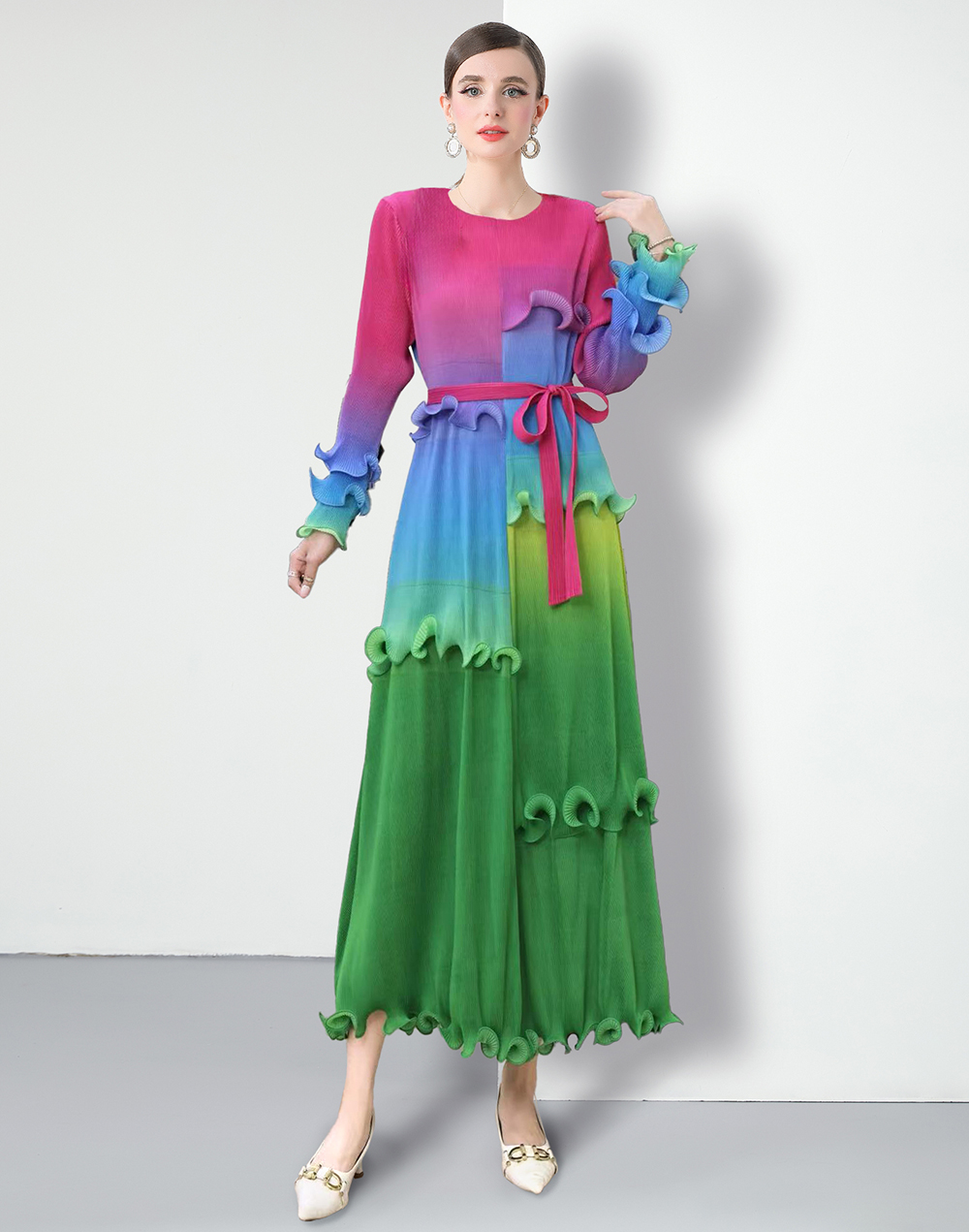 Factory direct sales of Miyake pleated dyed patchwork dresses