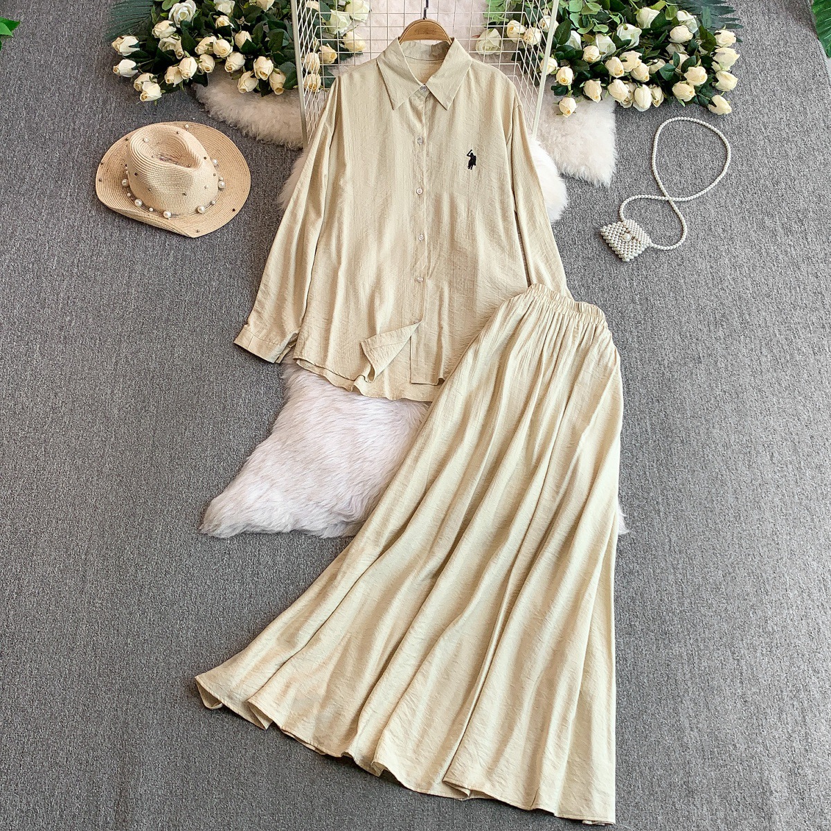 Fashion suit women's casual loose embroidered long sleeved sun protection shirt+high waist slimming half skirt two-piece set Fashion suit women's casual loose embroidered long sleeved sun protection shirt+high waist slimming half skirt two-piece set