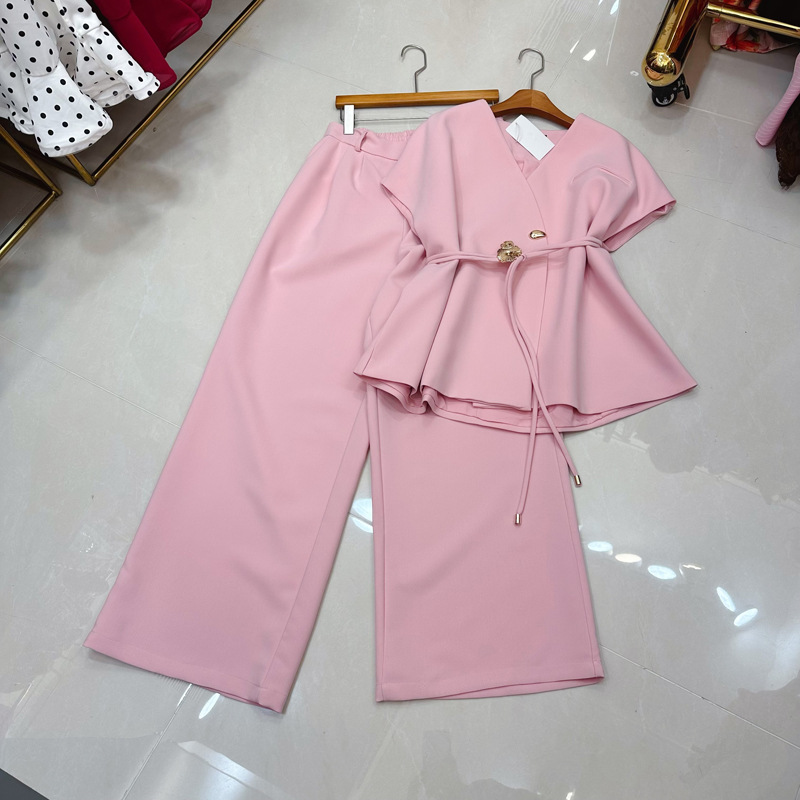 Thirteen line European and American summer casual temperament, light luxury and high-end feeling, belt suit vest+wide leg pants set C2 # 2512