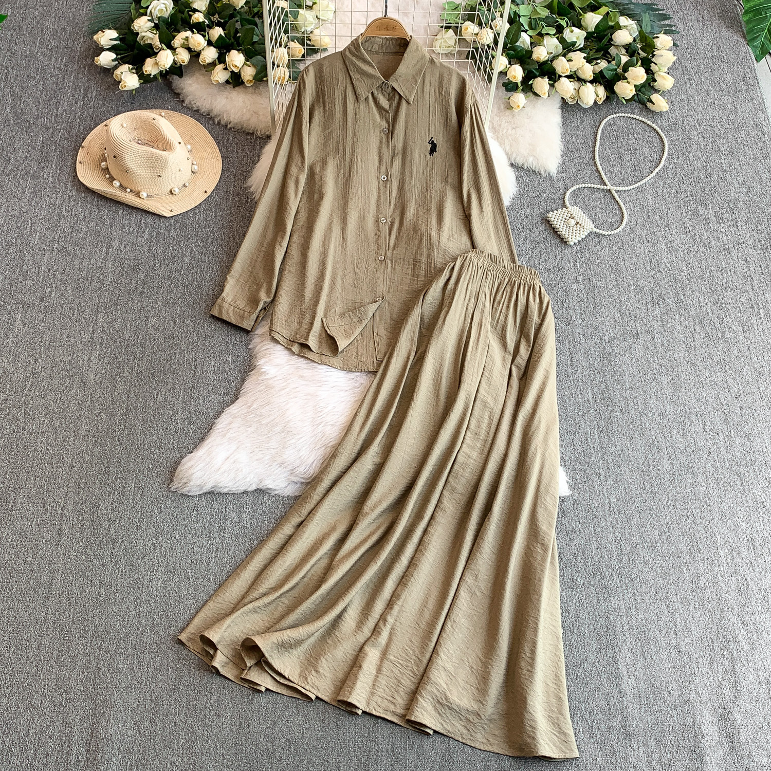 Fashion suit women's casual loose embroidered long sleeved sun protection shirt+high waist slimming half skirt two-piece set Fashion suit women's casual loose embroidered long sleeved sun protection shirt+high waist slimming half skirt two-piece set