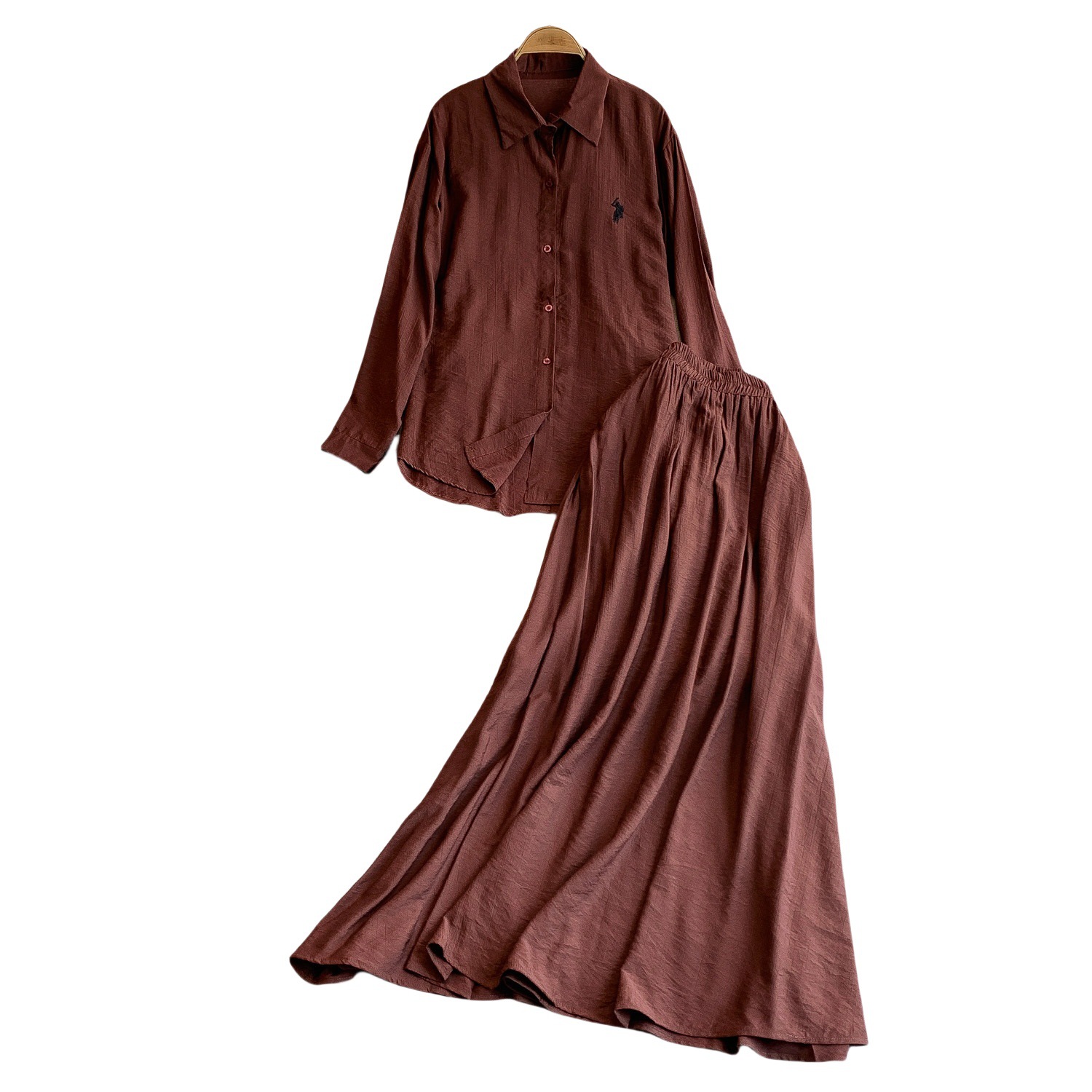 Fashion suit women's casual loose embroidered long sleeved sun protection shirt+high waist slimming half skirt two-piece set Fashion suit women's casual loose embroidered long sleeved sun protection shirt+high waist slimming half skirt two-piece set