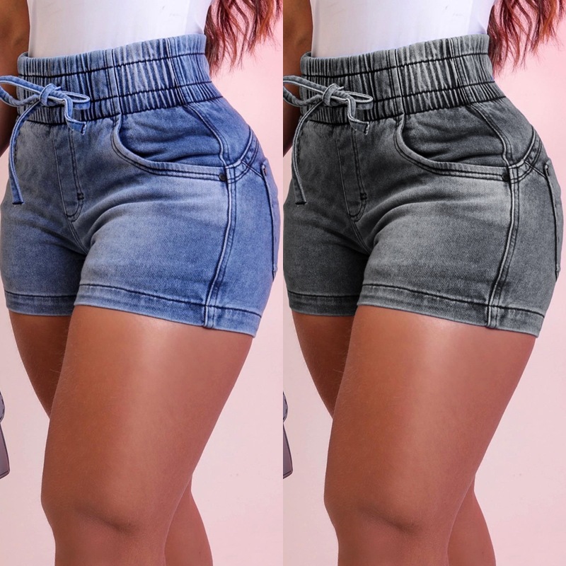 Slimming factory direct sales 2025 spring/summer new slim fit denim shorts for women, sexy high waisted elastic waisted lace up hot pants