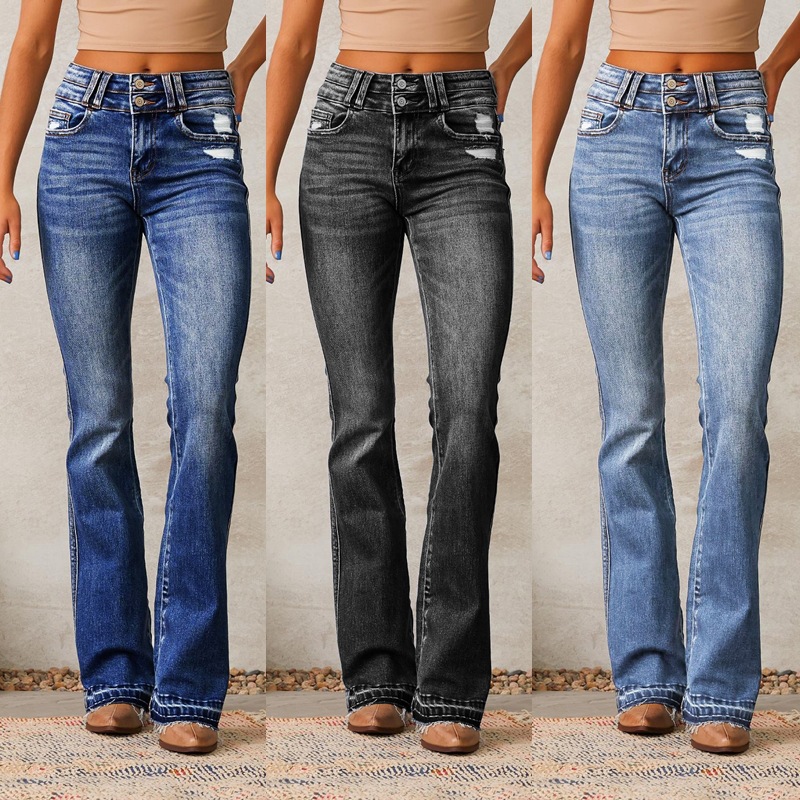 Amazon Europe and America Cross border Retro Piercing Jeans Women's 2025 Spring New Collection Washed Street Micro Pull Pants