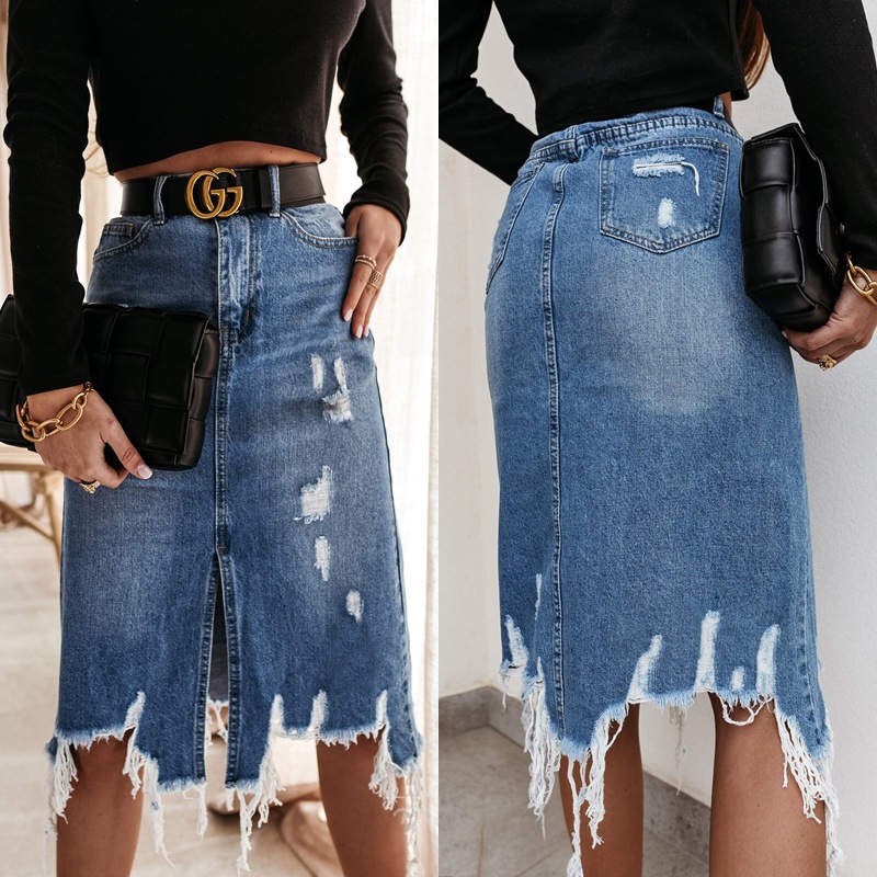 2025 summer European and American denim midi skirt for women, washed with irregular holes, tassel, mid length skirt, high waisted, distressed