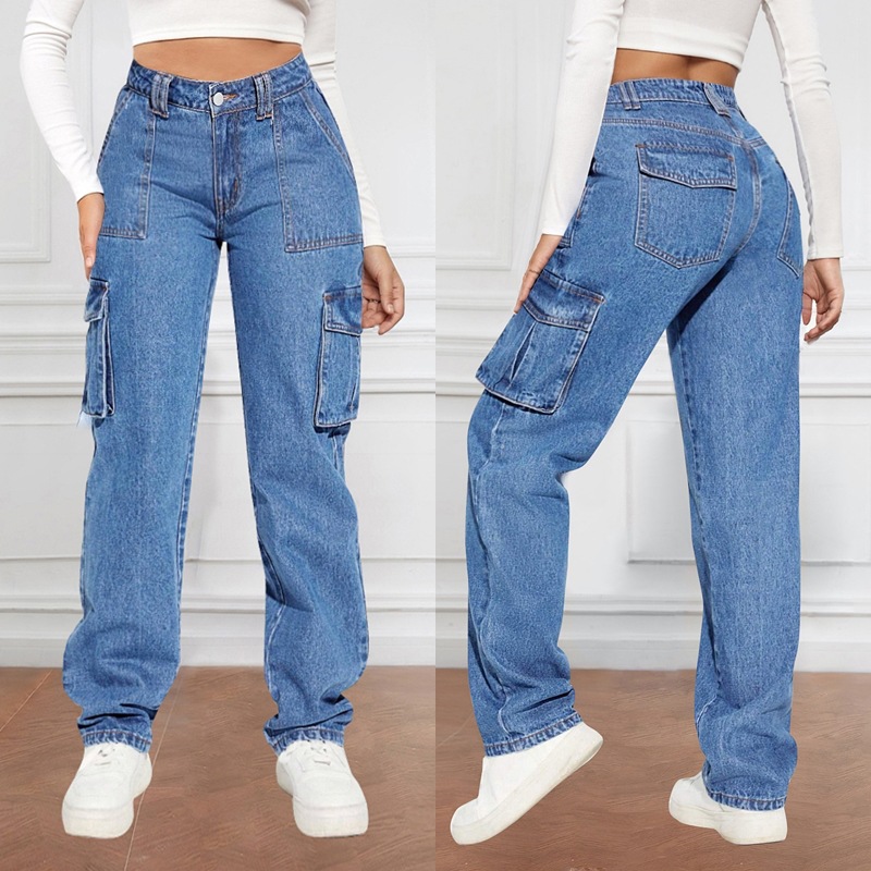 2025 new cross-border foreign trade American retro mid waist multi pocket workwear jeans for women's casual straight leg pants trend