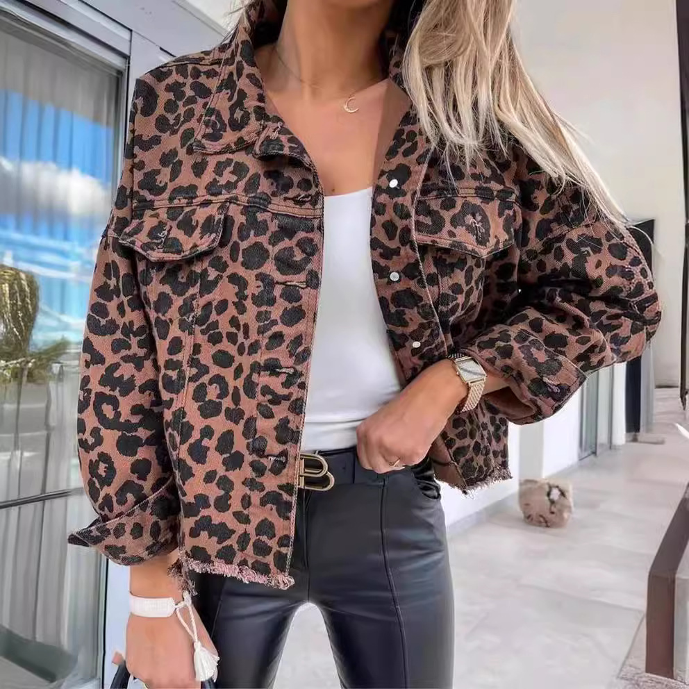 2025 European and American Cross border New Spring and Autumn Cowboy Coat Leopard Pattern Long Sleeve Short Loose Casual Coat for Women in Stock