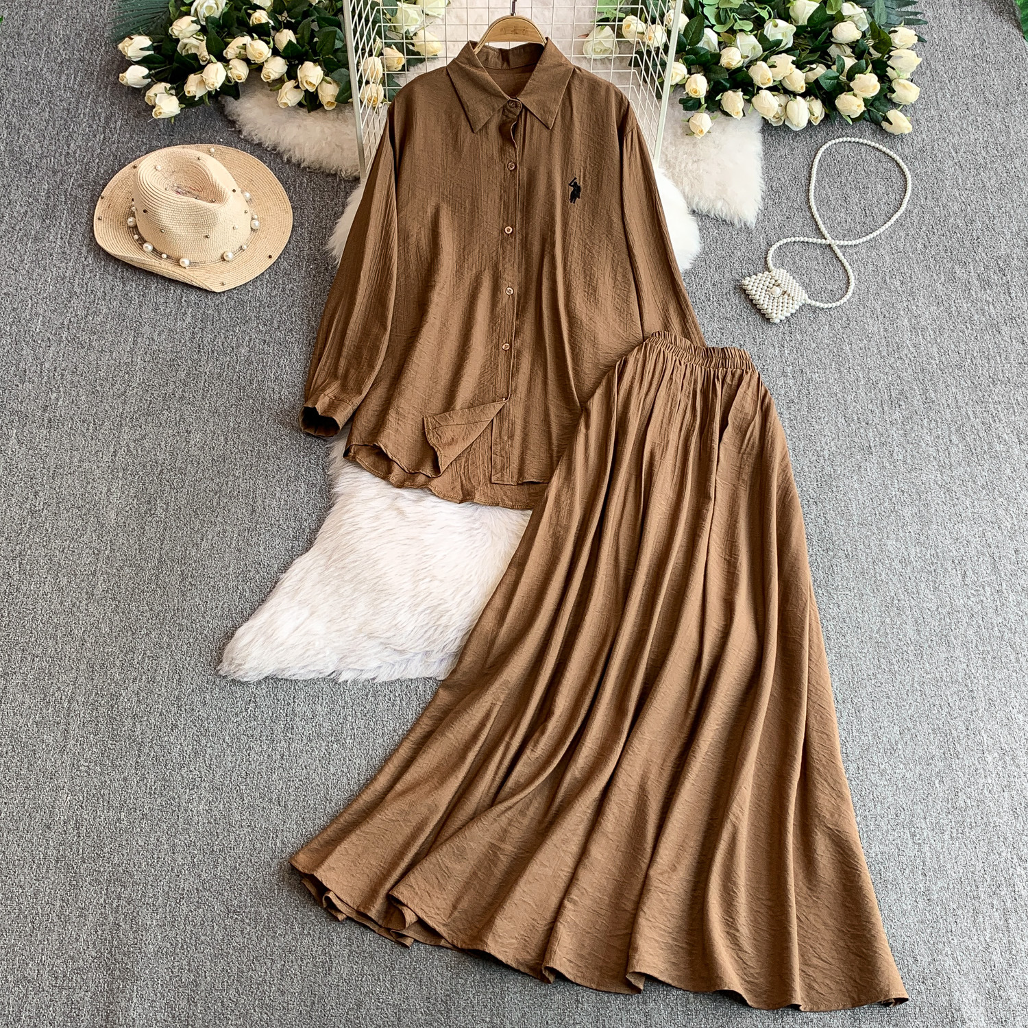 Fashion suit women's casual loose embroidered long sleeved sun protection shirt+high waist slimming half skirt two-piece set