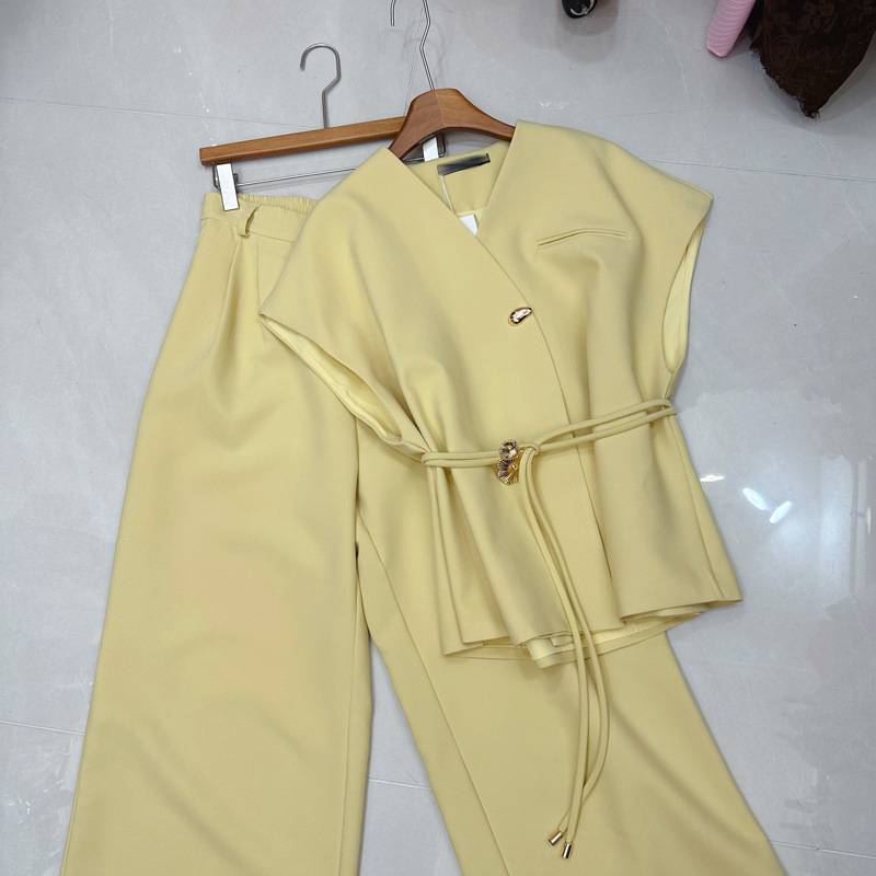 Thirteen line European and American summer casual temperament, light luxury and high-end feeling, belt suit vest+wide leg pants set C2 # 2512 Thirteen line European and American summer casual temperament, light luxury and high-end feeling, belt suit vest+wide leg pants set C2 # 2512