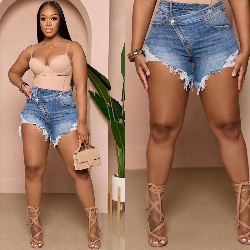 Factory direct sales of 2025 spring/summer new cross-border Amazon high waist sexy fringed denim shorts for women, slim fit and slimming