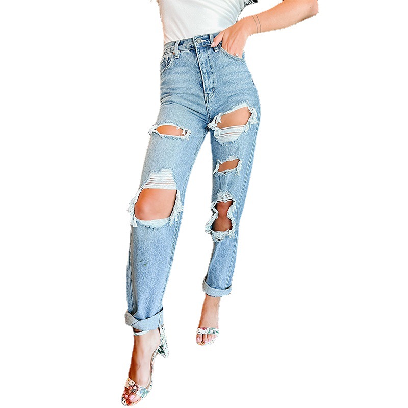 Manufacturer direct sales American straight leg women's jeans high waist slimming 2022 new European foreign trade perforated jeans Manufacturer direct sales American straight leg women's jeans high waist slimming 2022 new European foreign trade perforated jeans