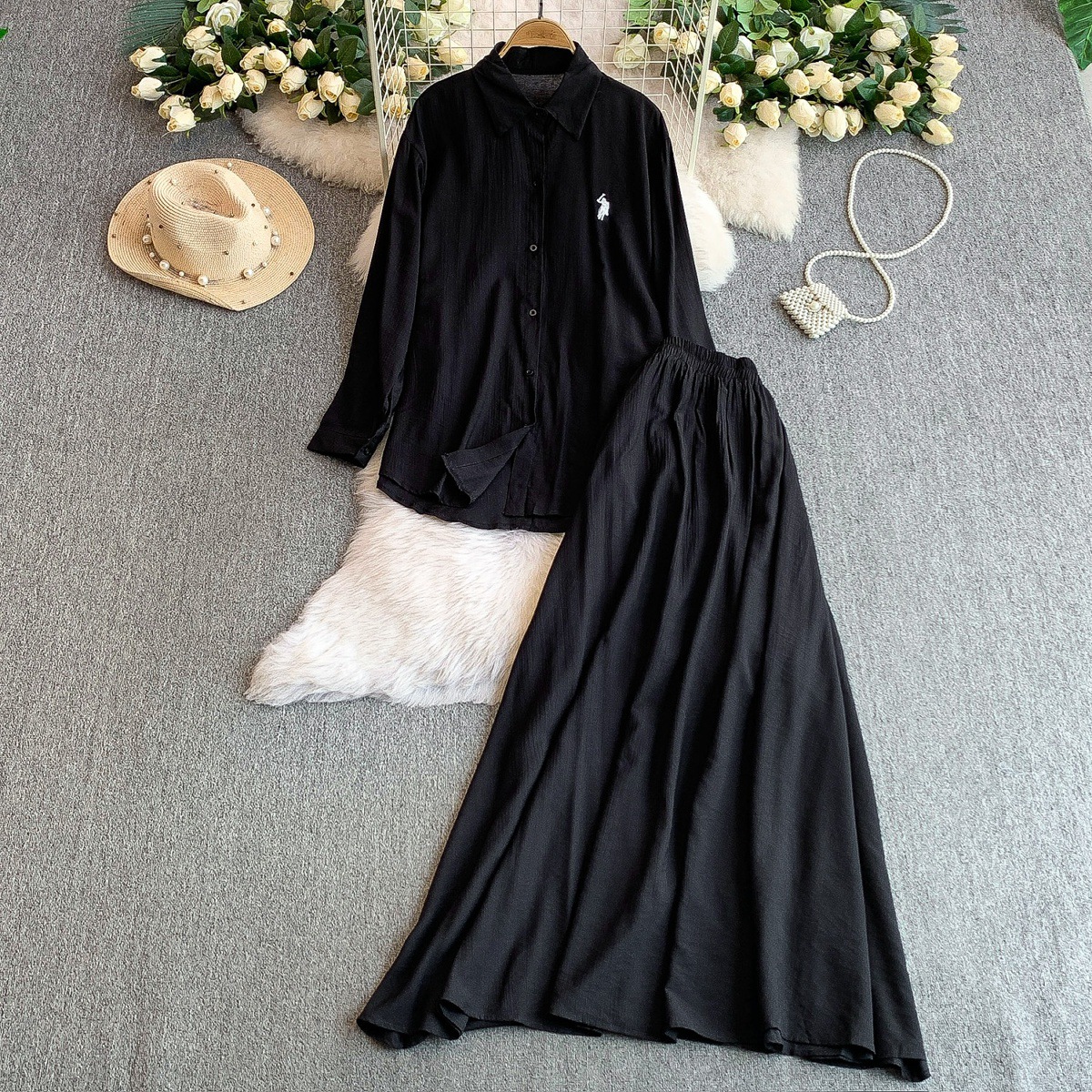 Fashion suit women's casual loose embroidered long sleeved sun protection shirt+high waist slimming half skirt two-piece set Fashion suit women's casual loose embroidered long sleeved sun protection shirt+high waist slimming half skirt two-piece set