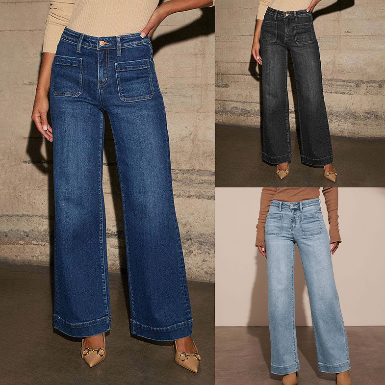Cross border high waisted jeans for European and American women, spring 2025 new style, slim and wide leg retro temperament straight leg pants