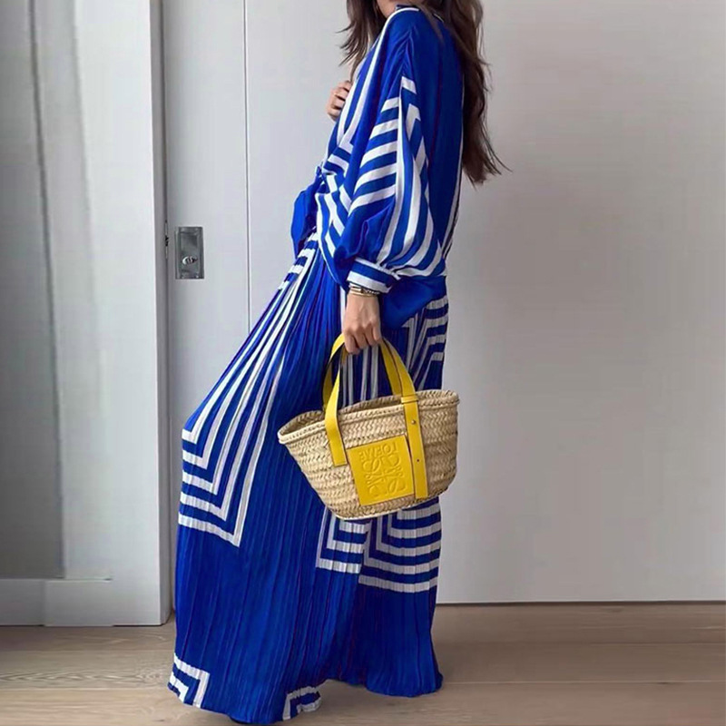 FD1239 spot summer new cross-border women's fashion printed striped shirt pleated straight leg wide leg pants set FD1239 spot summer new cross-border women's fashion printed striped shirt pleated straight leg wide leg pants set
