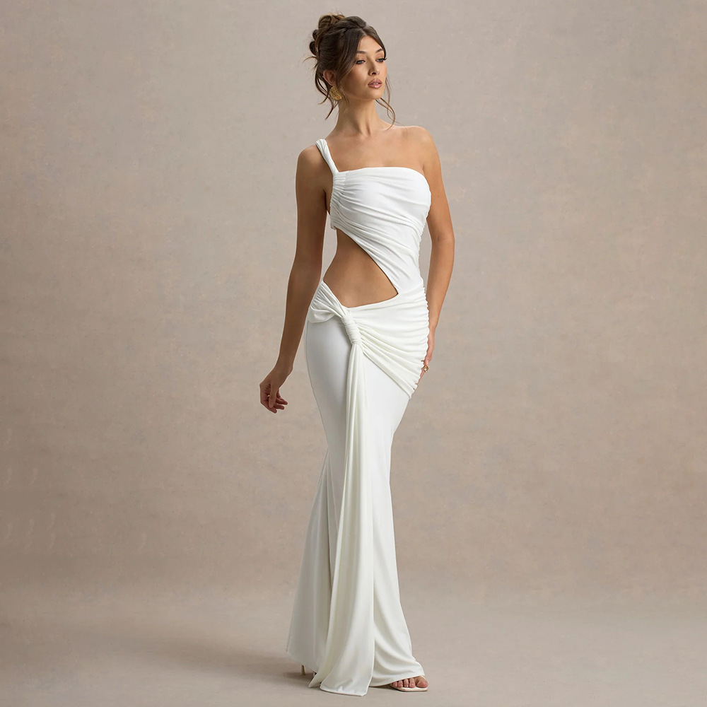 2025 European and American cross-border summer sexy one shoulder backless strapless dress, fashionable solid color strap pleated long dress 2025 European and American cross-border summer sexy one shoulder backless strapless dress, fashionable solid color strap pleated long dress