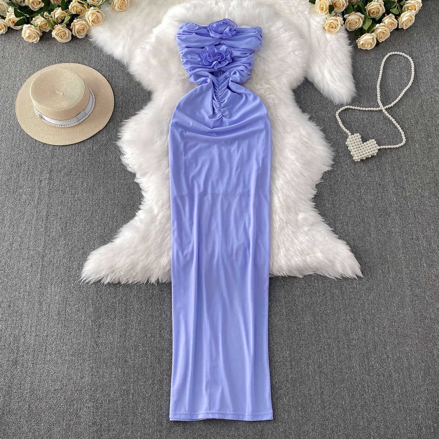 Design sense niche heart machine hollow chest display sleeveless three-dimensional flower dress for women's summer slim fit pleated long skirt Design sense niche heart machine hollow chest display sleeveless three-dimensional flower dress for women's summer slim fit pleated long skirt