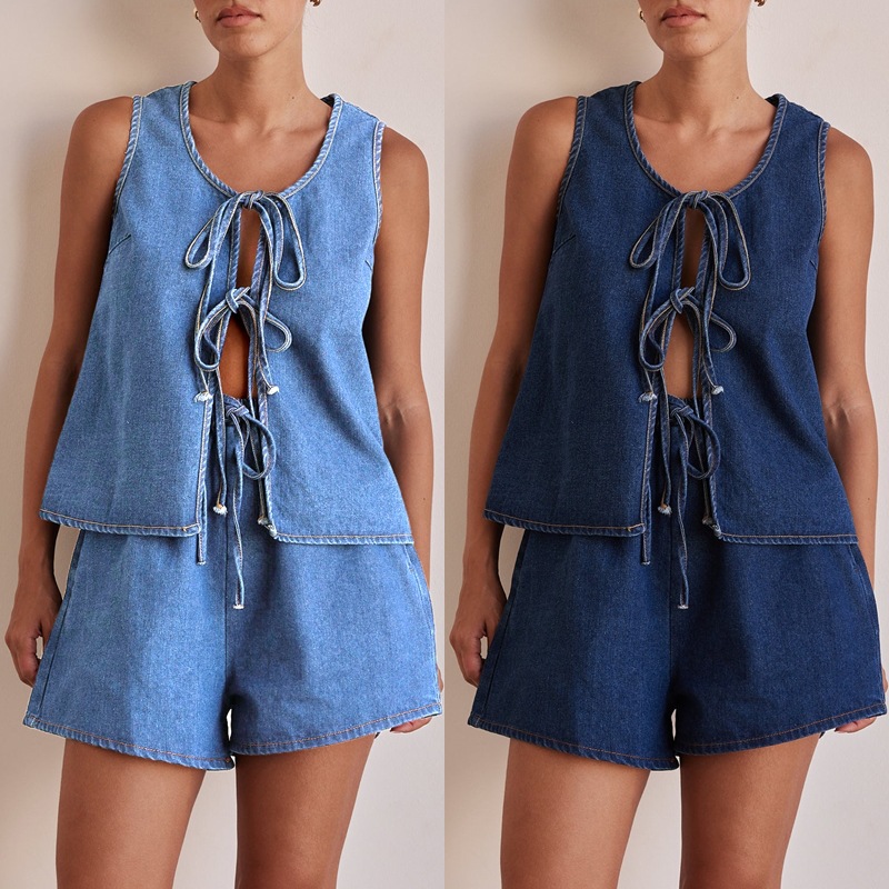 Independent station cross-border European and American style summer fashion casual sleeveless lace up high waisted women's vest denim suit shorts