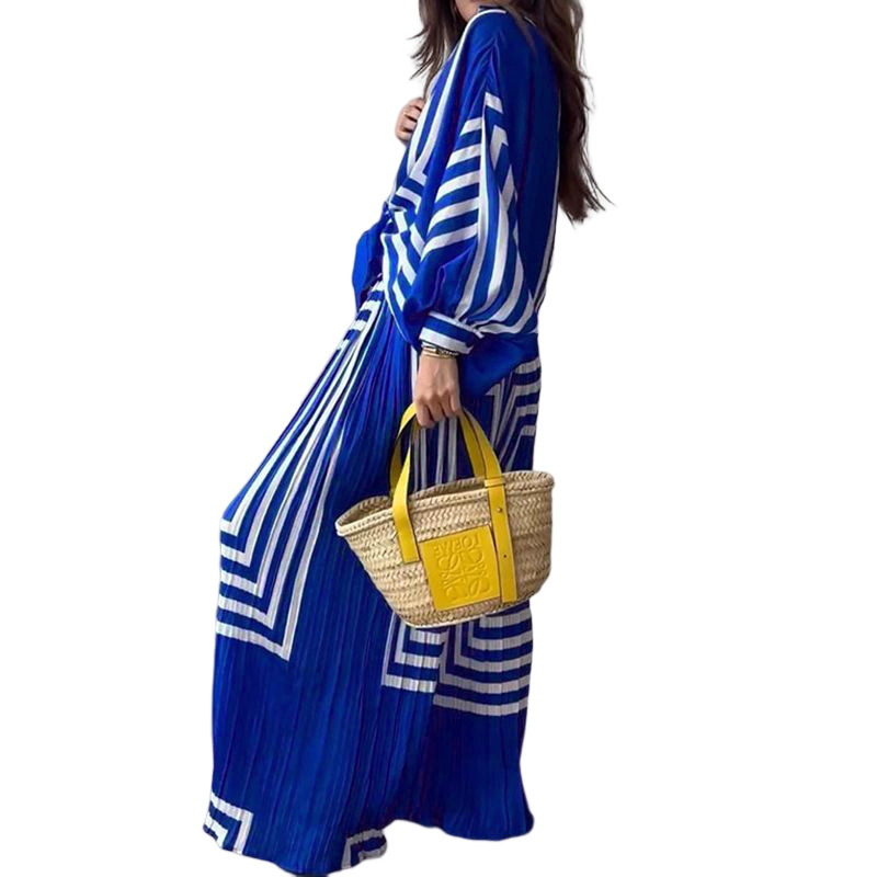 FD1239 spot summer new cross-border women's fashion printed striped shirt pleated straight leg wide leg pants set FD1239 spot summer new cross-border women's fashion printed striped shirt pleated straight leg wide leg pants set
