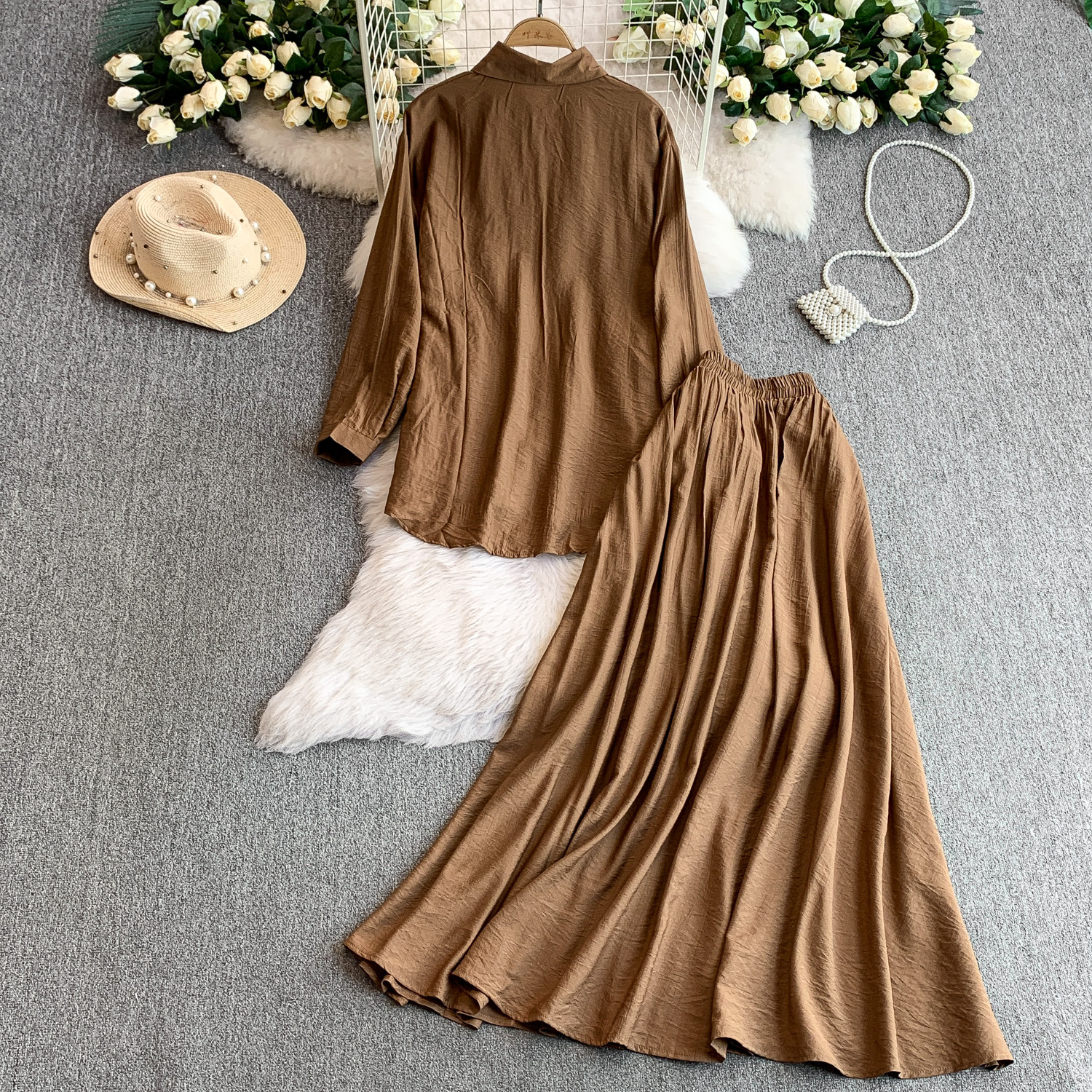 Fashion suit women's casual loose embroidered long sleeved sun protection shirt+high waist slimming half skirt two-piece set Fashion suit women's casual loose embroidered long sleeved sun protection shirt+high waist slimming half skirt two-piece set