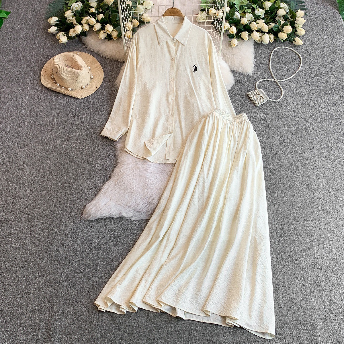 Fashion suit women's casual loose embroidered long sleeved sun protection shirt+high waist slimming half skirt two-piece set Fashion suit women's casual loose embroidered long sleeved sun protection shirt+high waist slimming half skirt two-piece set