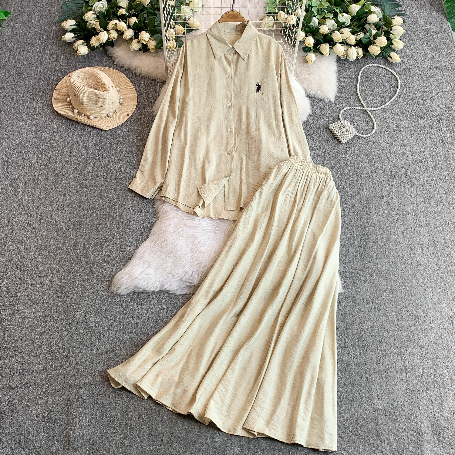 Fashion suit women's casual loose embroidered long sleeved sun protection shirt+high waist slimming half skirt two-piece set Fashion suit women's casual loose embroidered long sleeved sun protection shirt+high waist slimming half skirt two-piece set