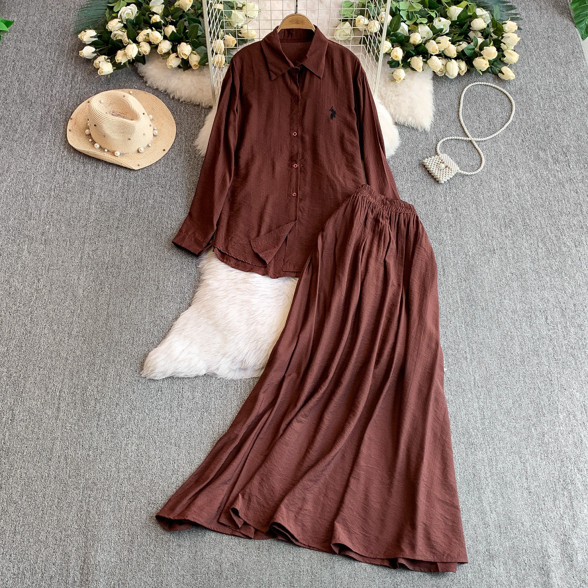 Fashion suit women's casual loose embroidered long sleeved sun protection shirt+high waist slimming half skirt two-piece set Fashion suit women's casual loose embroidered long sleeved sun protection shirt+high waist slimming half skirt two-piece set