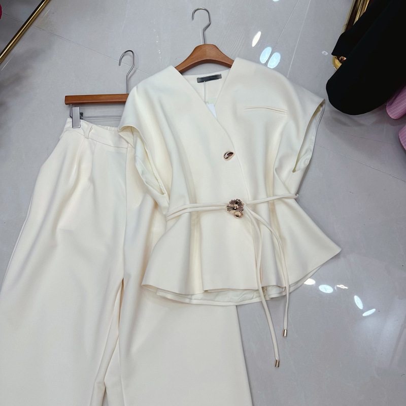 Thirteen line European and American summer casual temperament, light luxury and high-end feeling, belt suit vest+wide leg pants set C2 # 2512 Thirteen line European and American summer casual temperament, light luxury and high-end feeling, belt suit vest+wide leg pants set C2 # 2512