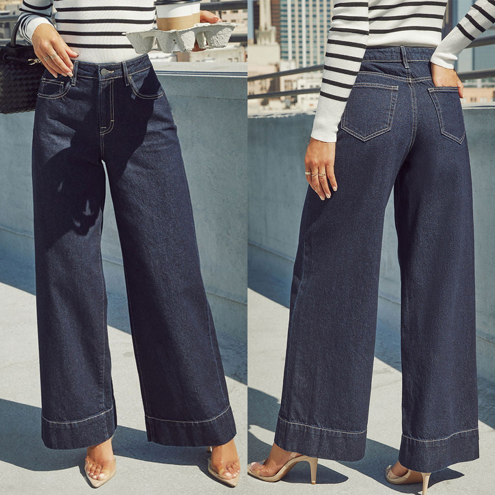 Cross border 2025 new wide leg pants in stock Amazon washed temperament high waist long wide leg jeans pants for women