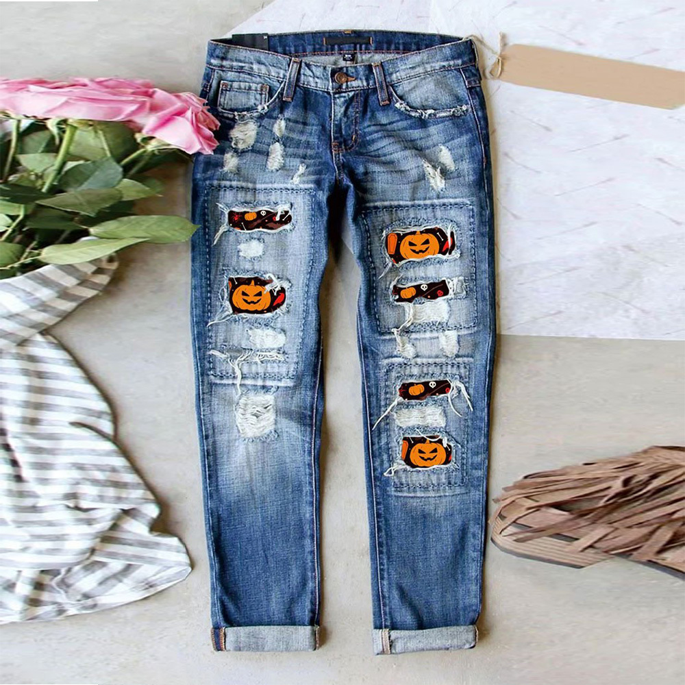 European and American cross-border AliExpress trendsetters Halloween pumpkin funny hole print jeans women's mid waist straight leg pants