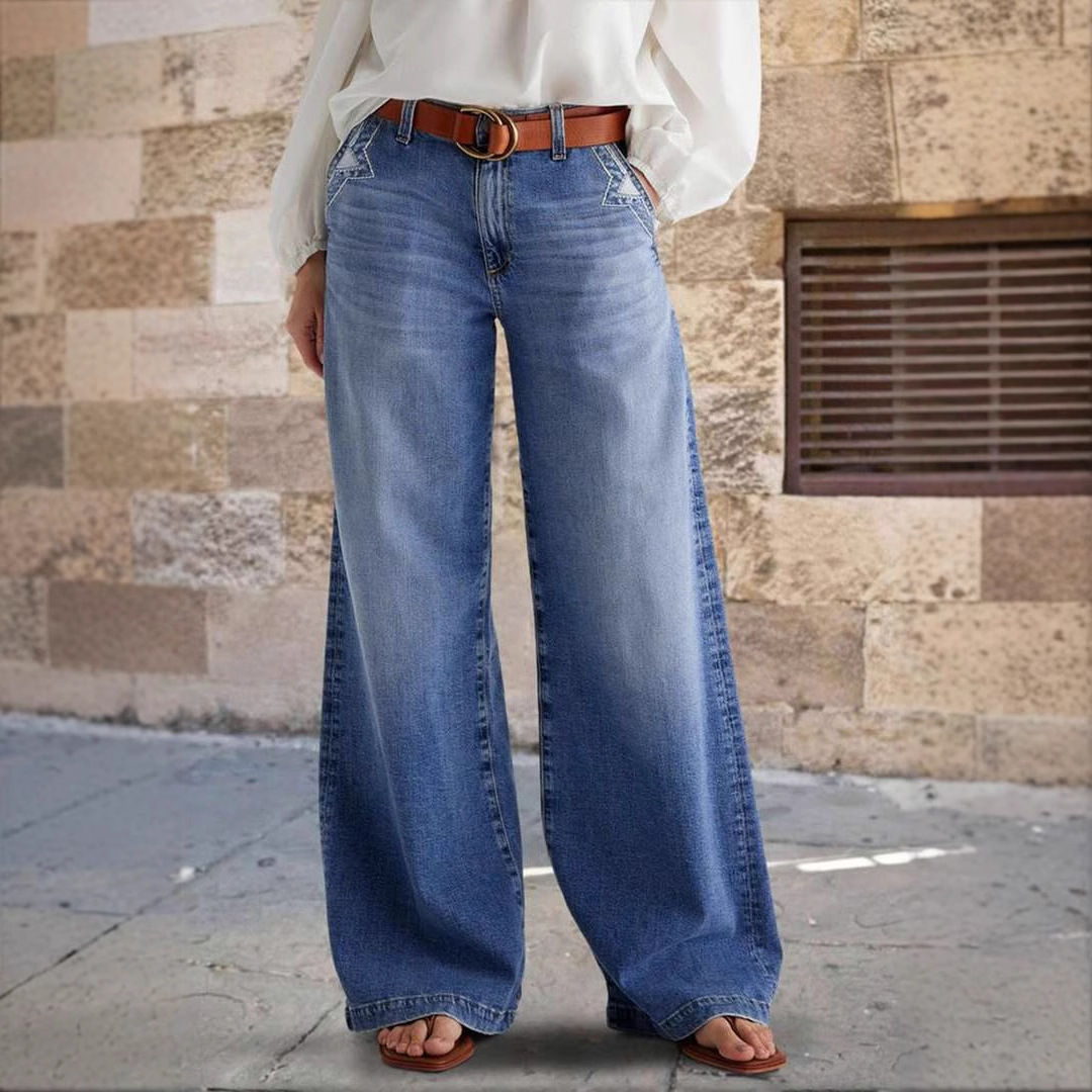 2025 Spring New European and American Cross border Retro Wide Leg Jeans Women's Embroidered Elastic Straight Pants Casual Pants