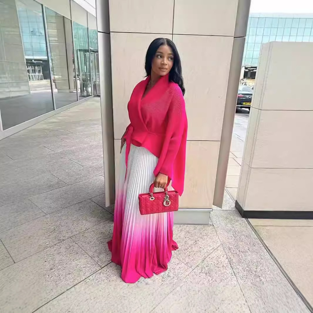 Cross border European, American, and African three bedroom pleated printed top+gradient color 360 degree swing skirt set