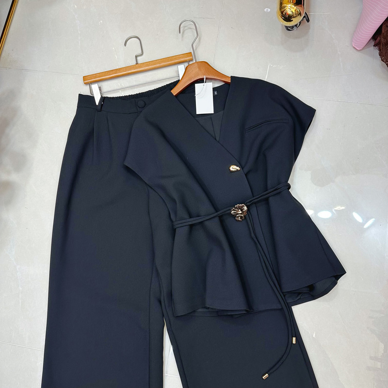 Thirteen line European and American summer casual temperament, light luxury and high-end feeling, belt suit vest+wide leg pants set C2 # 2512 Thirteen line European and American summer casual temperament, light luxury and high-end feeling, belt suit vest+wide leg pants set C2 # 2512