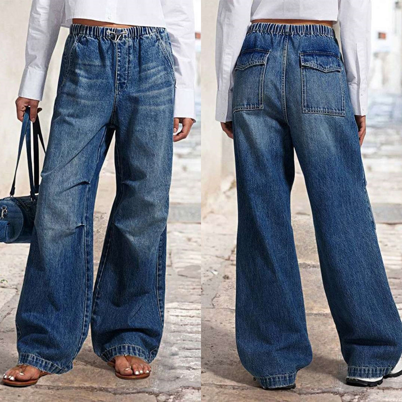2025 Spring New Cross border Mid Waist Wide Leg Drawn Loose Jeans for Women's Streetwear Retro Straight Legs in Europe and America