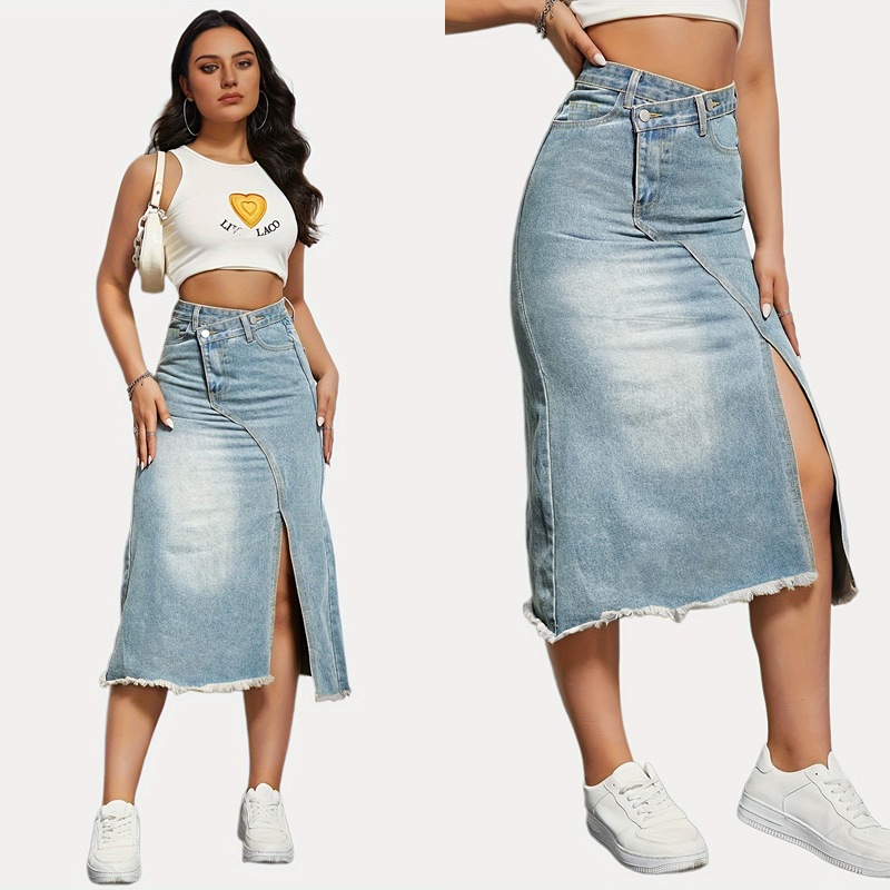 Spring and summer new cross-border American retro denim skirt for women, fashionable split stitch mid length A-line skirt