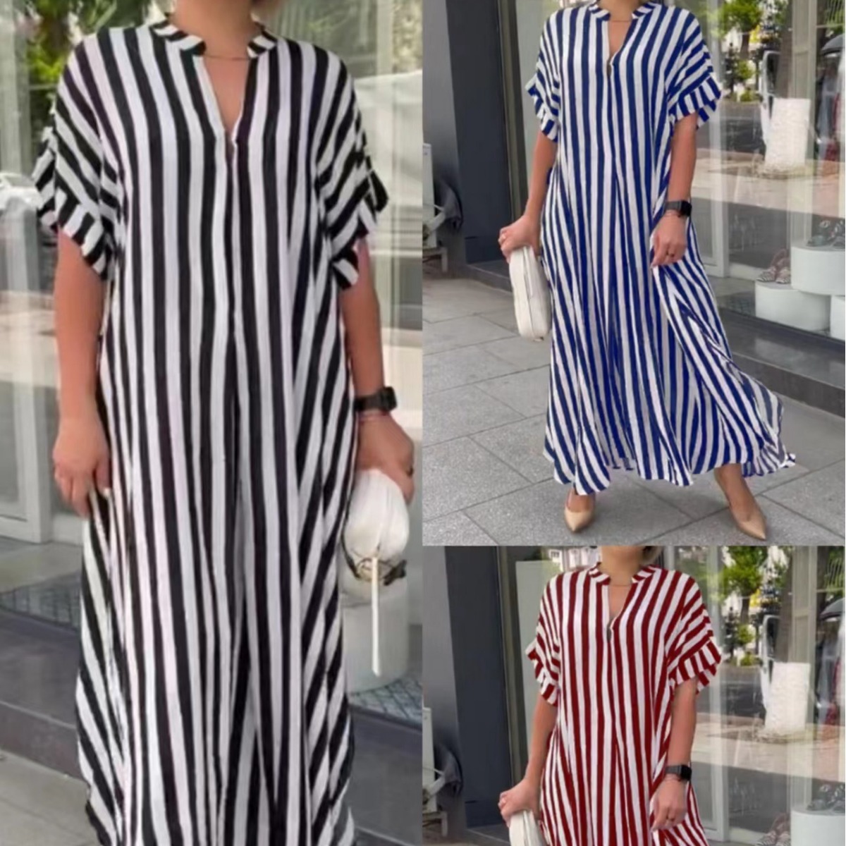 2022 European and American women's clothing AliExpress independent station fashion side slit striped cardigan short sleeved dress W2865