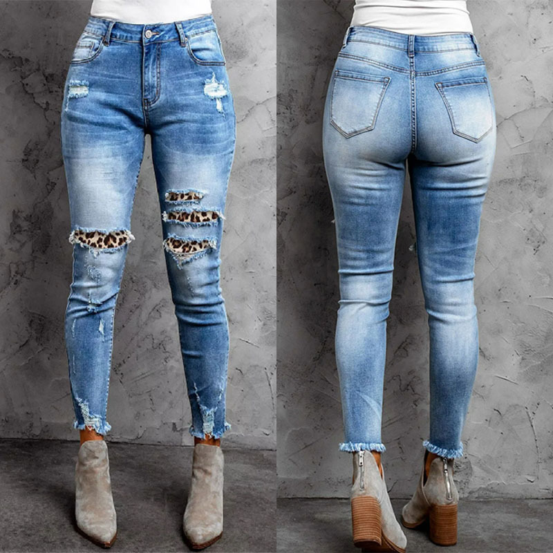 Factory direct sales of European and American cross-border spring and autumn new style leopard print patch, slim fit and slimming, mid waist washed denim jeans for women