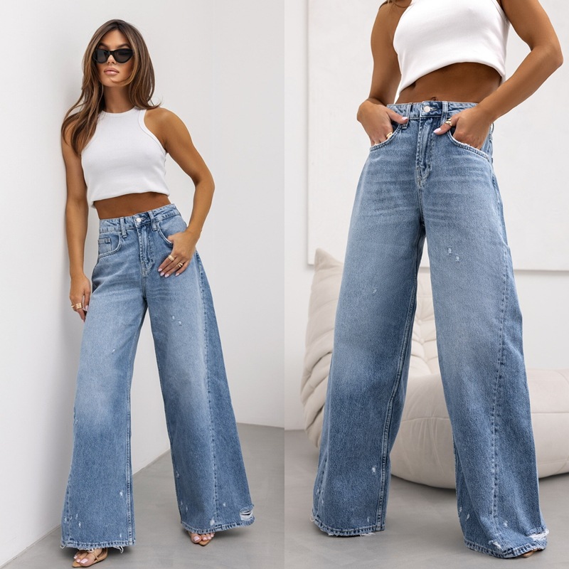 American retro straight leg ripped jeans for women's cross-border 2025 summer new foreign trade wide leg pants in stock