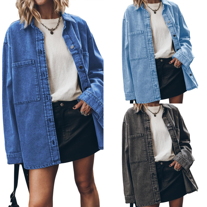 Cross border Amazon Europe and America retro Hong Kong style lapel denim jacket women's blue large pocket loose casual shirt