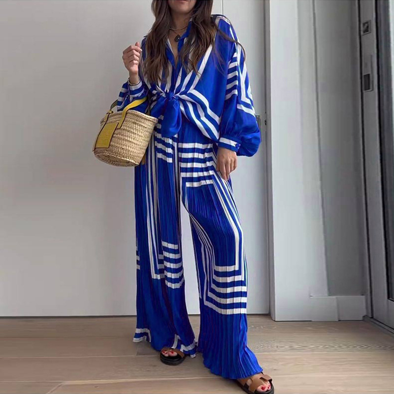 FD1239 spot summer new cross-border women's fashion printed striped shirt pleated straight leg wide leg pants set FD1239 spot summer new cross-border women's fashion printed striped shirt pleated straight leg wide leg pants set