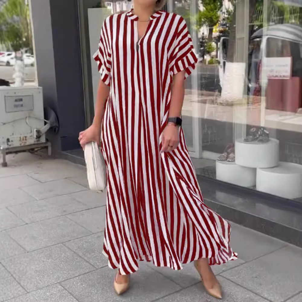 2022 European and American women's clothing AliExpress independent station fashion side slit striped cardigan short sleeved dress W2865 2022 European and American women's clothing AliExpress independent station fashion side slit striped cardigan short sleeved dress W2865