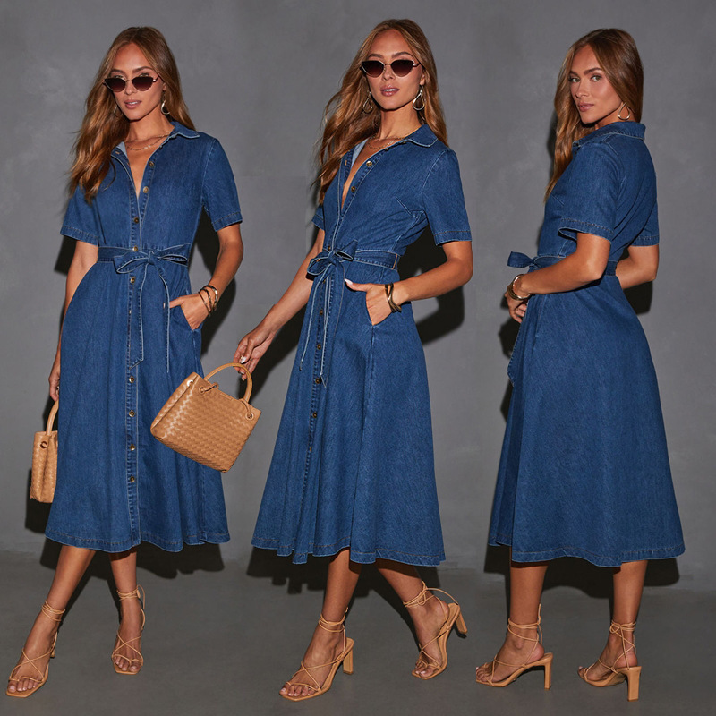 Cross border 2025 new retro V-neck tied denim dress, long skirt, fashionable French elegant dress for women