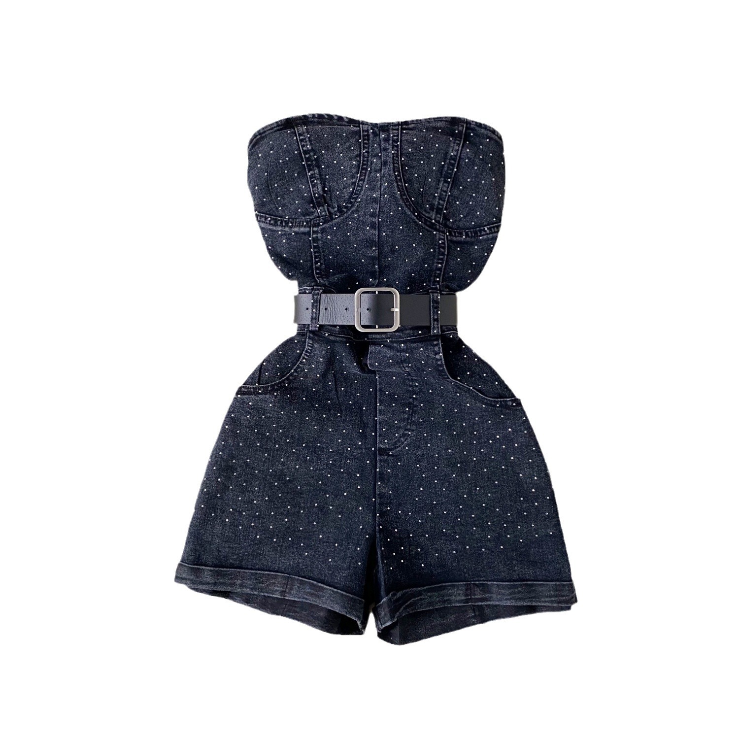 This year, it is popular to wear beautiful short women's jeans, fashionable hot pressed diamond high waisted slim fit sleeveless strapless jumpsuit This year, it is popular to wear beautiful short women's jeans, fashionable hot pressed diamond high waisted slim fit sleeveless strapless jumpsuit