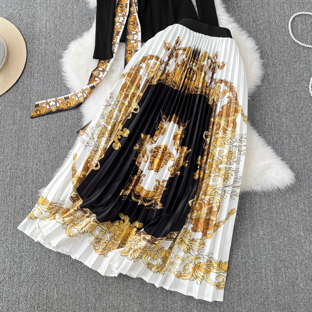 Fashion set, women's stand up collar, slim fit and slimming knit top, two-piece set, high waist, Baroque printed pleated skirt Fashion set, women's stand up collar, slim fit and slimming knit top, two-piece set, high waist, Baroque printed pleated skirt
