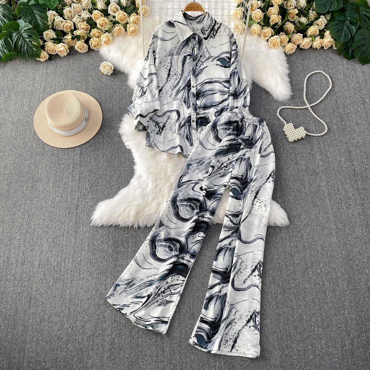 Korean casual design loose print lapel long sleeved shirt+high waist slimming straight leg wide leg pants two-piece set Korean casual design loose print lapel long sleeved shirt+high waist slimming straight leg wide leg pants two-piece set