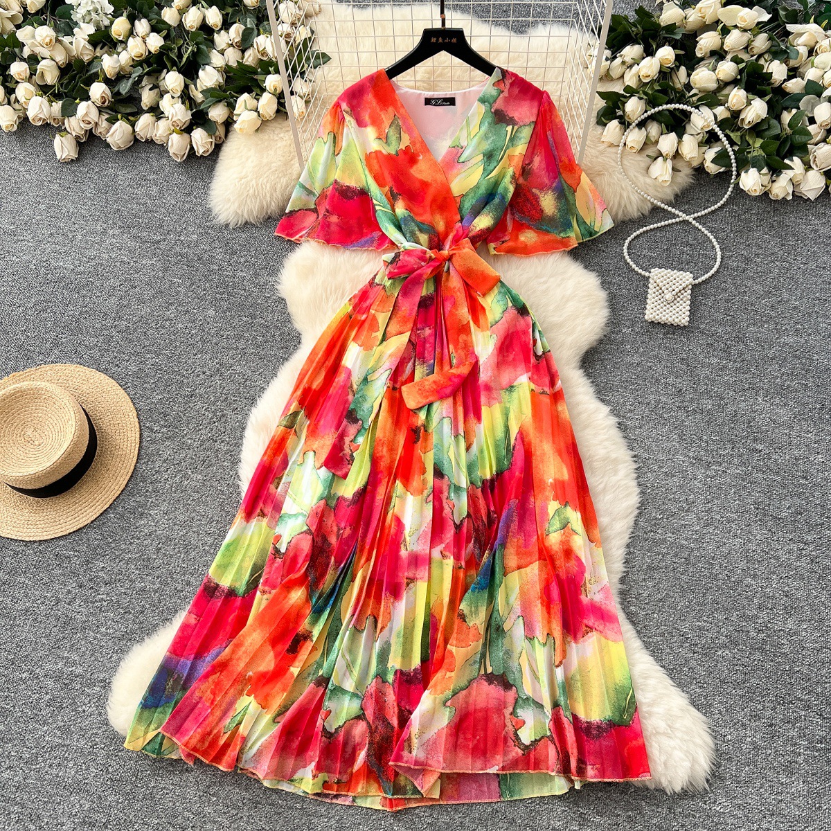 2025 Summer Dress New Women's High end Strap Waist V-neck Trumpet Sleeves Show Thin Temperament Printed Chiffon Dress 2025 Summer Dress New Women's High end Strap Waist V-neck Trumpet Sleeves Show Thin Temperament Printed Chiffon Dress