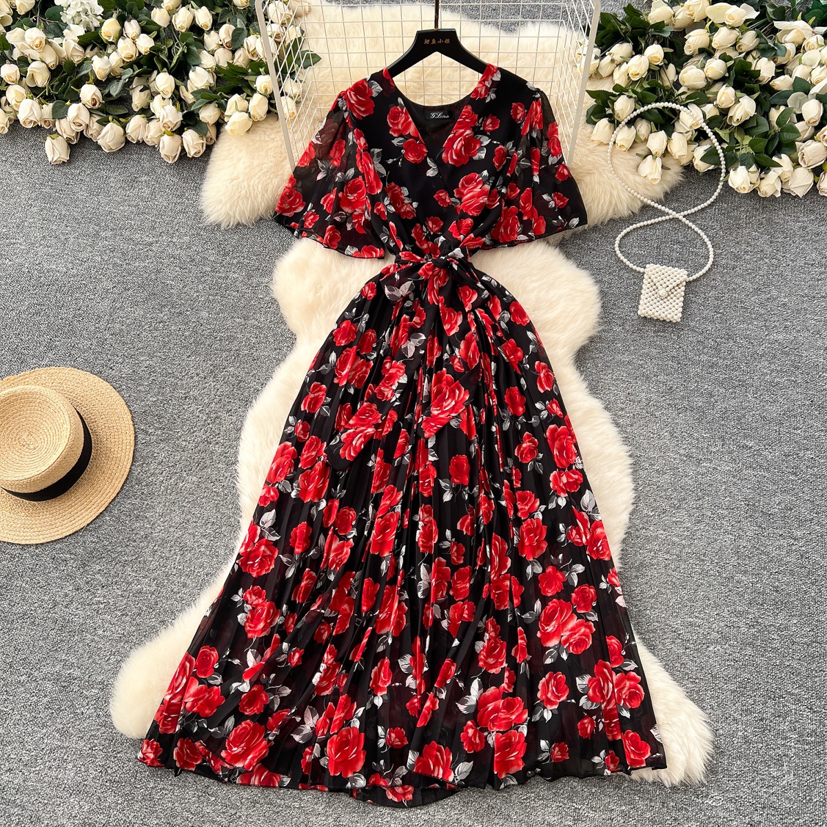 2025 Summer Dress New Women's High end Strap Waist V-neck Trumpet Sleeves Show Thin Temperament Printed Chiffon Dress 2025 Summer Dress New Women's High end Strap Waist V-neck Trumpet Sleeves Show Thin Temperament Printed Chiffon Dress