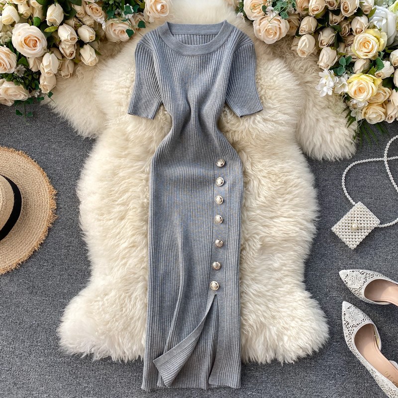 2022 popular women's clothing new Korean version simple solid color breasted slim fit short sleeved knitted slit hip hugging dress 2022 popular women's clothing new Korean version simple solid color breasted slim fit short sleeved knitted slit hip hugging dress