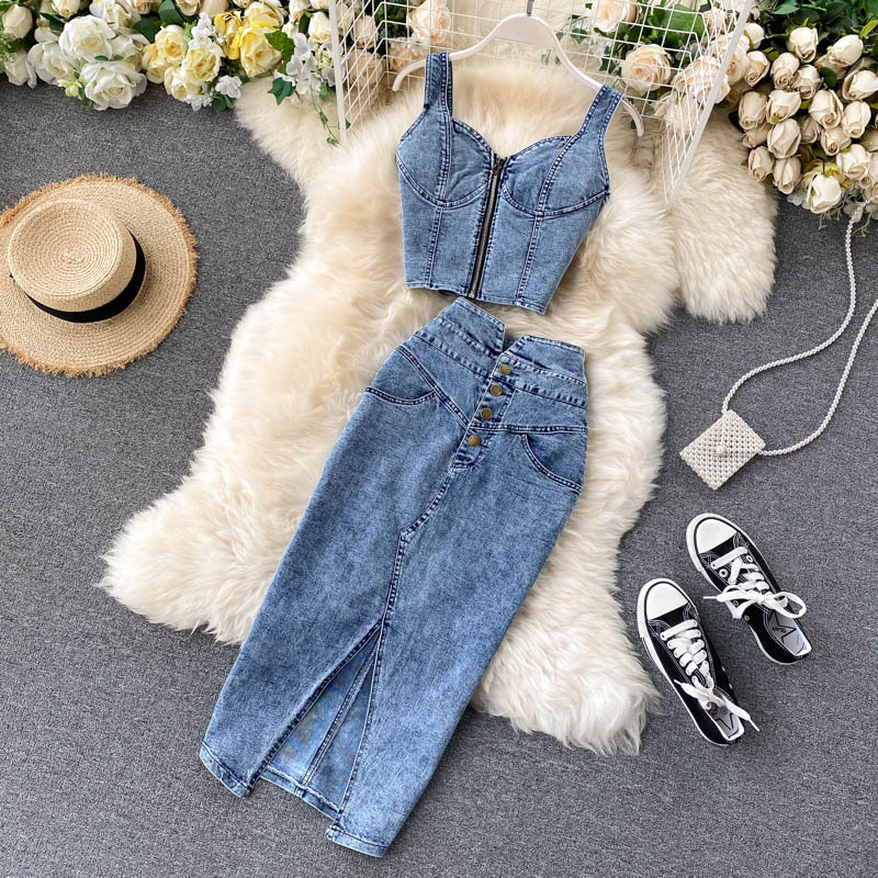 Hong Kong style ins women's suit 2020 new female sexy short style camisole vest high waisted denim skirt trendy Hong Kong style ins women's suit 2020 new female sexy short style camisole vest high waisted denim skirt trendy