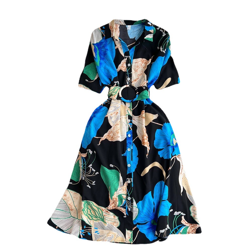 2023 Summer Korean Edition High end Light Luxury Style Short Sleeve Collar Collar Waist Look Slimming Single breasted A-line Printed Dress 2023 Summer Korean Edition High end Light Luxury Style Short Sleeve Collar Collar Waist Look Slimming Single breasted A-line Printed Dress