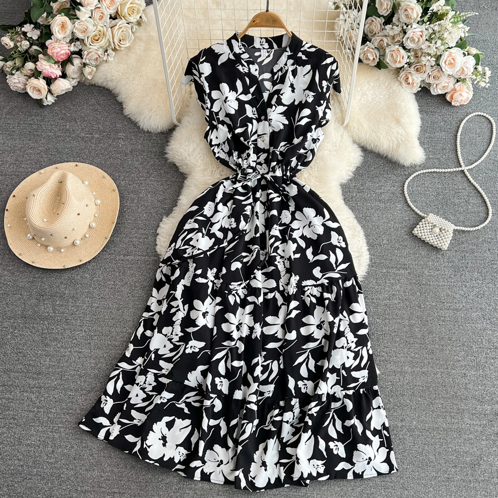 High end feeling, light luxury temperament, flying sleeves, V-neck, waist cinching, slimming effect, A-line ruffle print dress, elegant long skirt High end feeling, light luxury temperament, flying sleeves, V-neck, waist cinching, slimming effect, A-line ruffle print dress, elegant long skirt