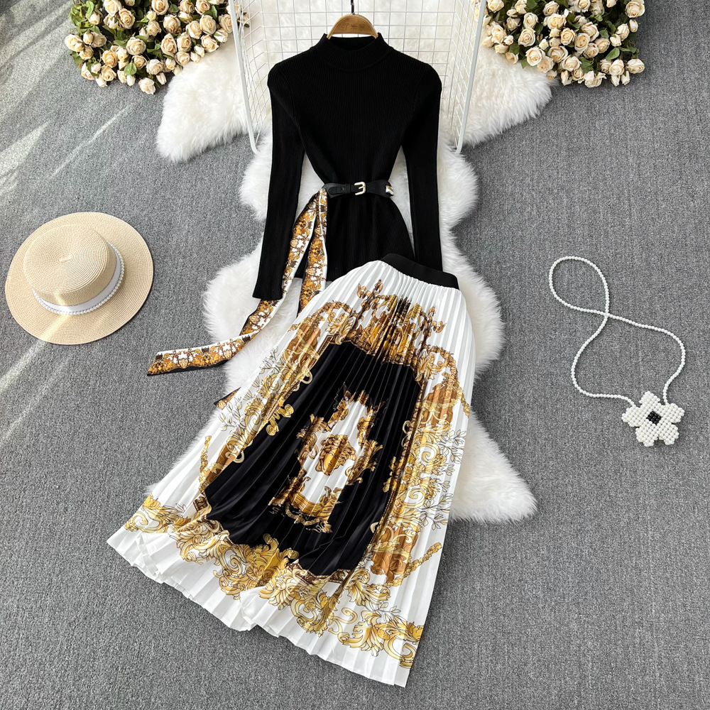 Fashion set, women's stand up collar, slim fit and slimming knit top, two-piece set, high waist, Baroque printed pleated skirt